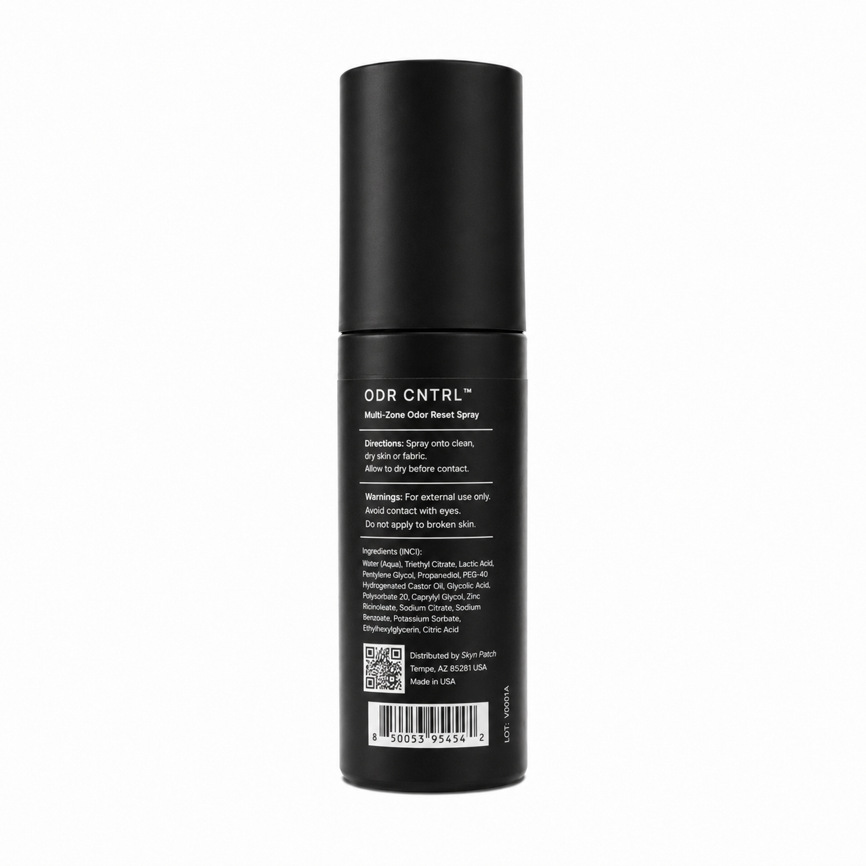 ODR CNTRL bottle back label: Multi-Zone Odor Reset; application areas and directions; aluminum-free, fragrance-free, paraben-free; full INCI list; Skyn Patch QR