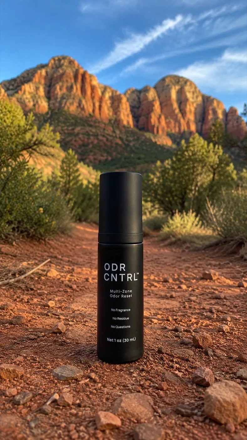 ODR CNTRL fragrance-free odor reset bottle on an outdoor trail