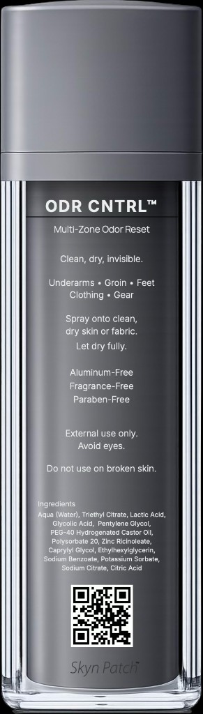 ODR CNTRL bottle back label: Multi-Zone Odor Reset; application areas and directions; aluminum-free, fragrance-free, paraben-free; full INCI list; Skyn Patch QR