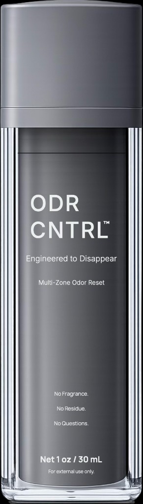 ODR CNTRL bottle front label: ODR CNTRL™, Engineered to Disappear, Multi-Zone Odor Reset; No Fragrance, No Residue, No Questions; Net 1 oz / 30 mL