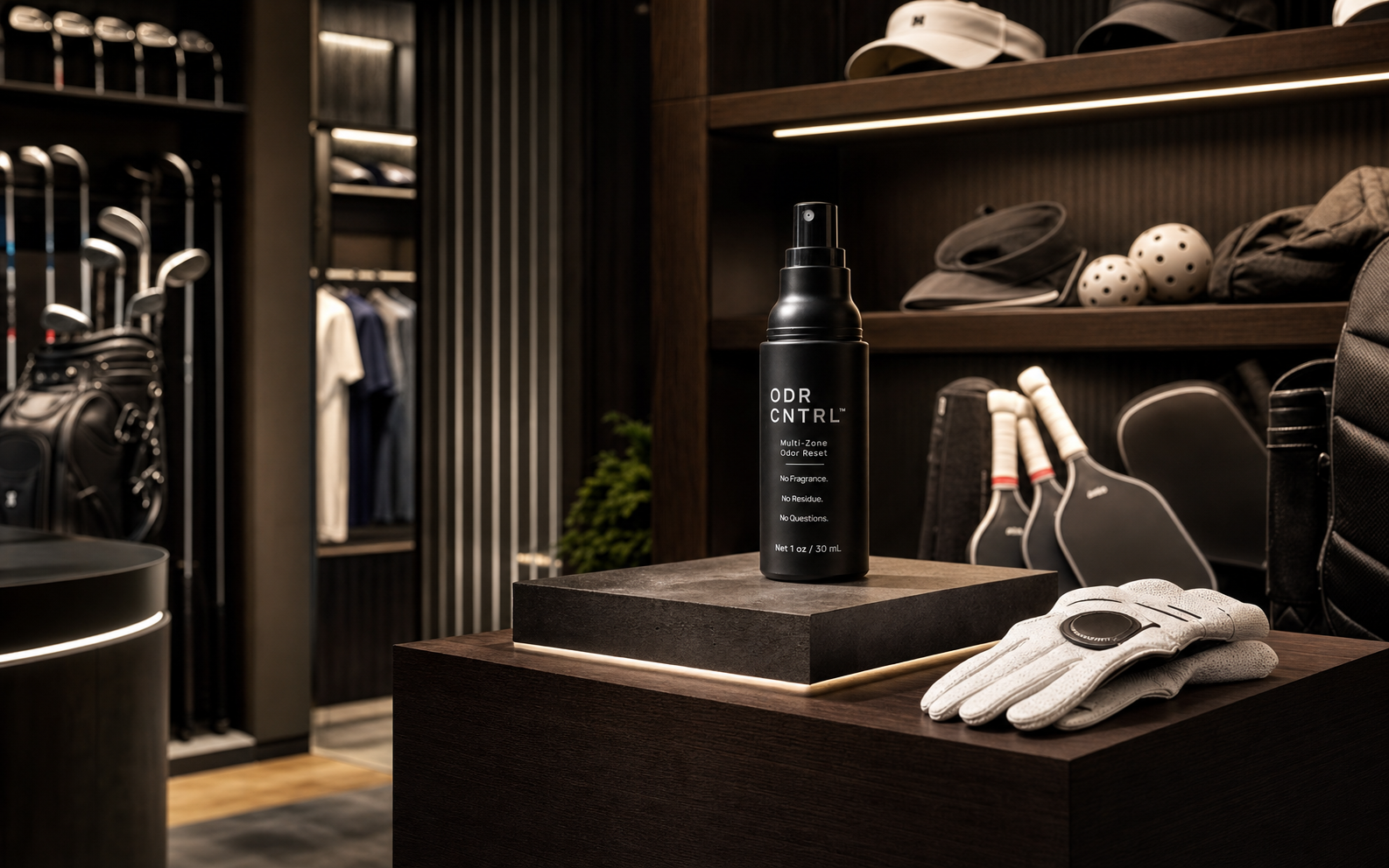 ODR CNTRL bottle in a premium golf and paddle ball pro shop display