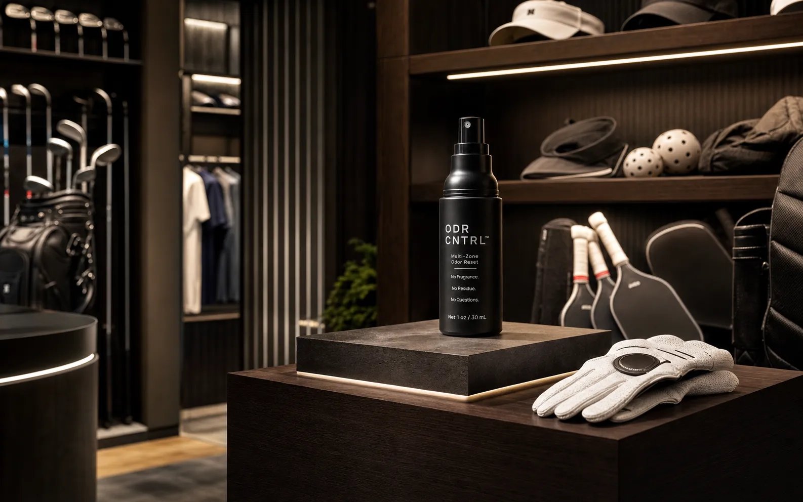 ODR CNTRL bottle in a premium golf and paddle ball pro shop display